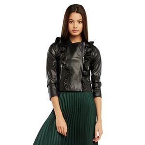 Bardot Junior Size 7-8 Black Chloe Faux Leather Ruffle Jacket Zip Front N1-18